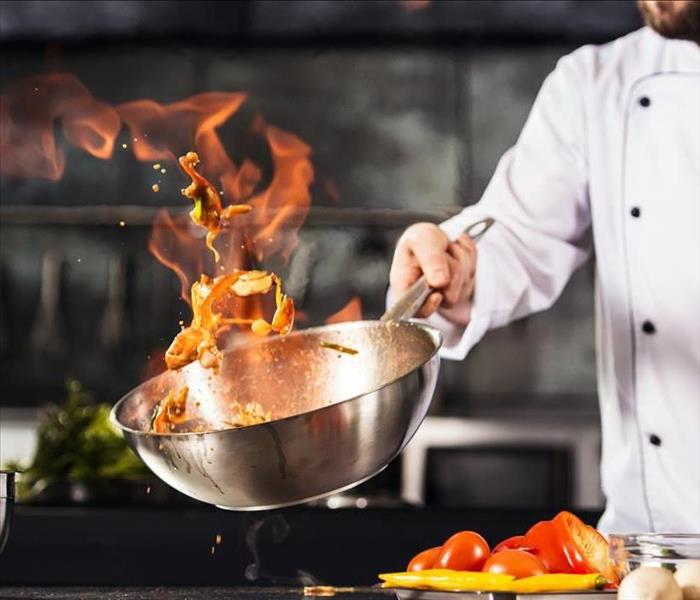 flaming pan in kitchen